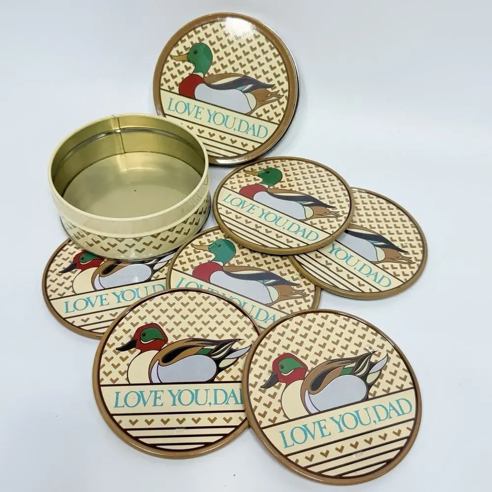 Vintage 1980s Mallrad Duck Metal 6 Coaster Set Dad Father Cottage Cabin Enesco